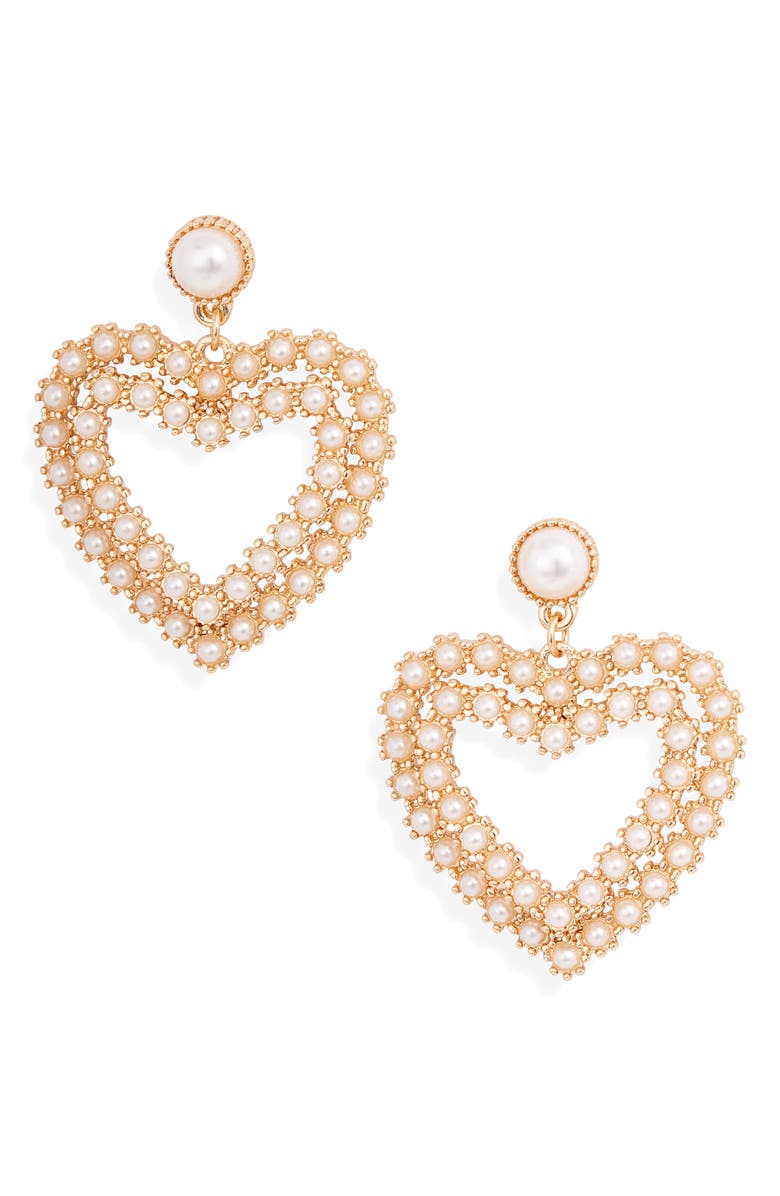 Rachel Parcell Imitation Pearl Heart Drop Earrings, Main, color, 