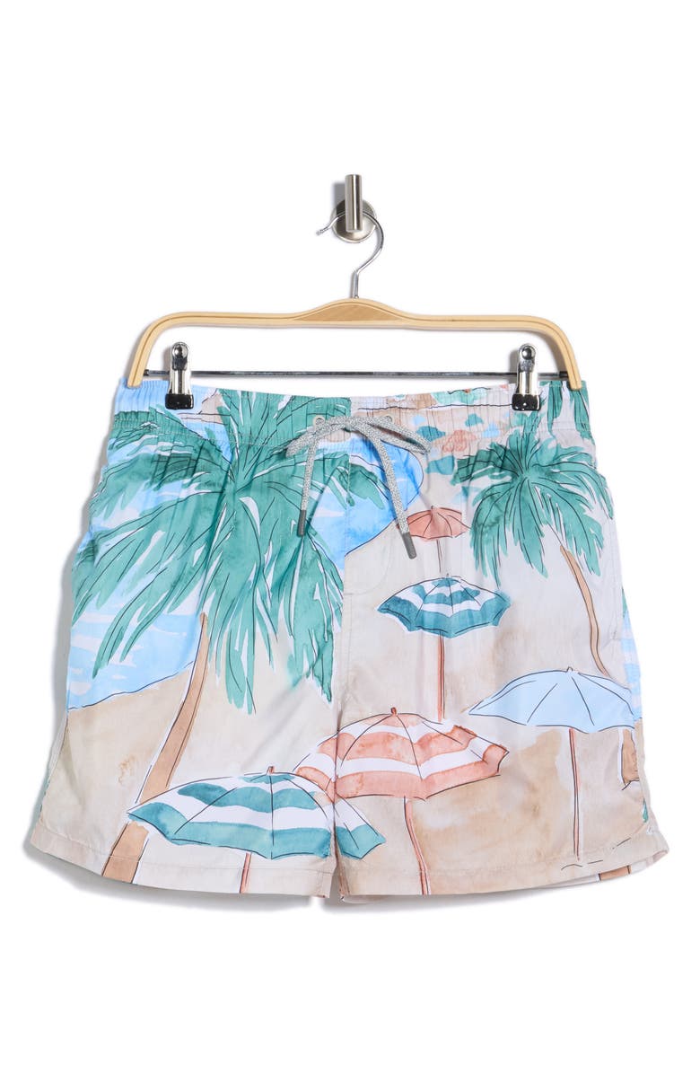 Vintage Summer Ponji Printed Volley Swim Shorts, Main, color, Tan