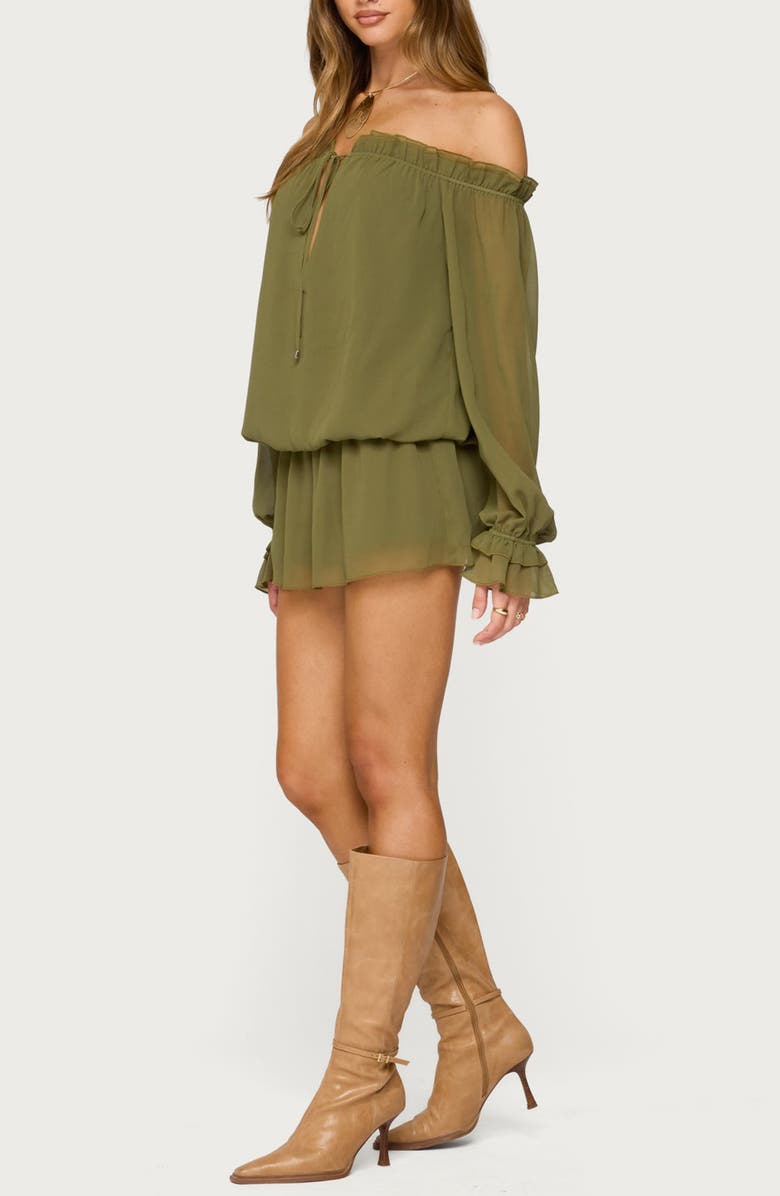 EDIKTED Delphine Off the Shoulder Long Sleeve Chiffon Romper, Alternate, color, Olive