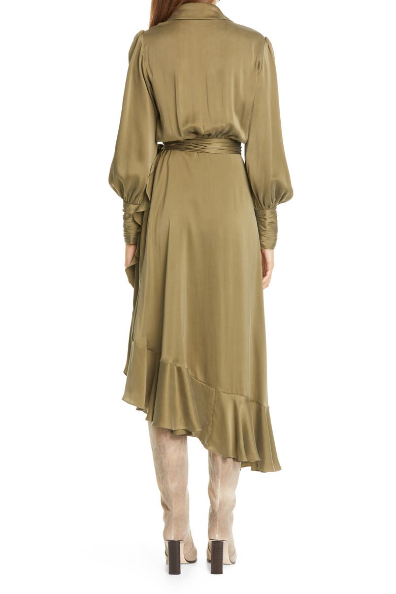 Long Sleeve Silk Satin Wrap Dress, Alternate, color, FENNEL