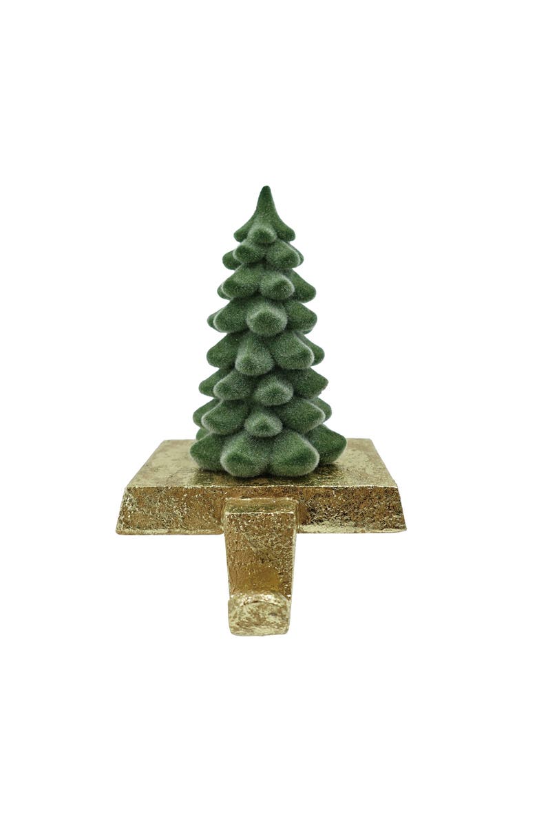 Transpac Flocked Green Tree Stocking Holder for Christmas Mantel Decoration, Main, color, 