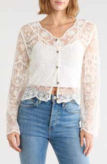 Embroidered Mesh Long Sleeve Top