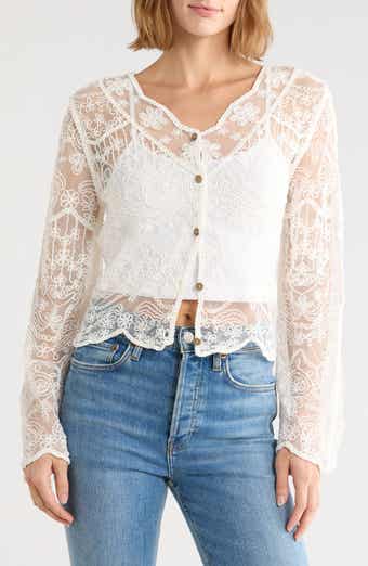 Embroidered Mesh Long Sleeve Top