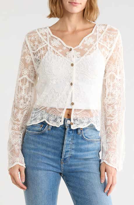Embroidered Mesh Long Sleeve Top