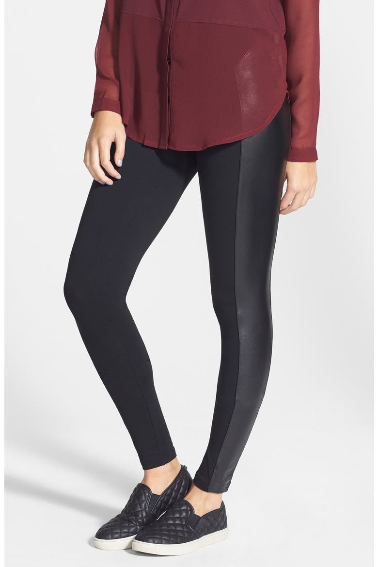 Faux Leather Panel Leggings, Main, color, BLACK