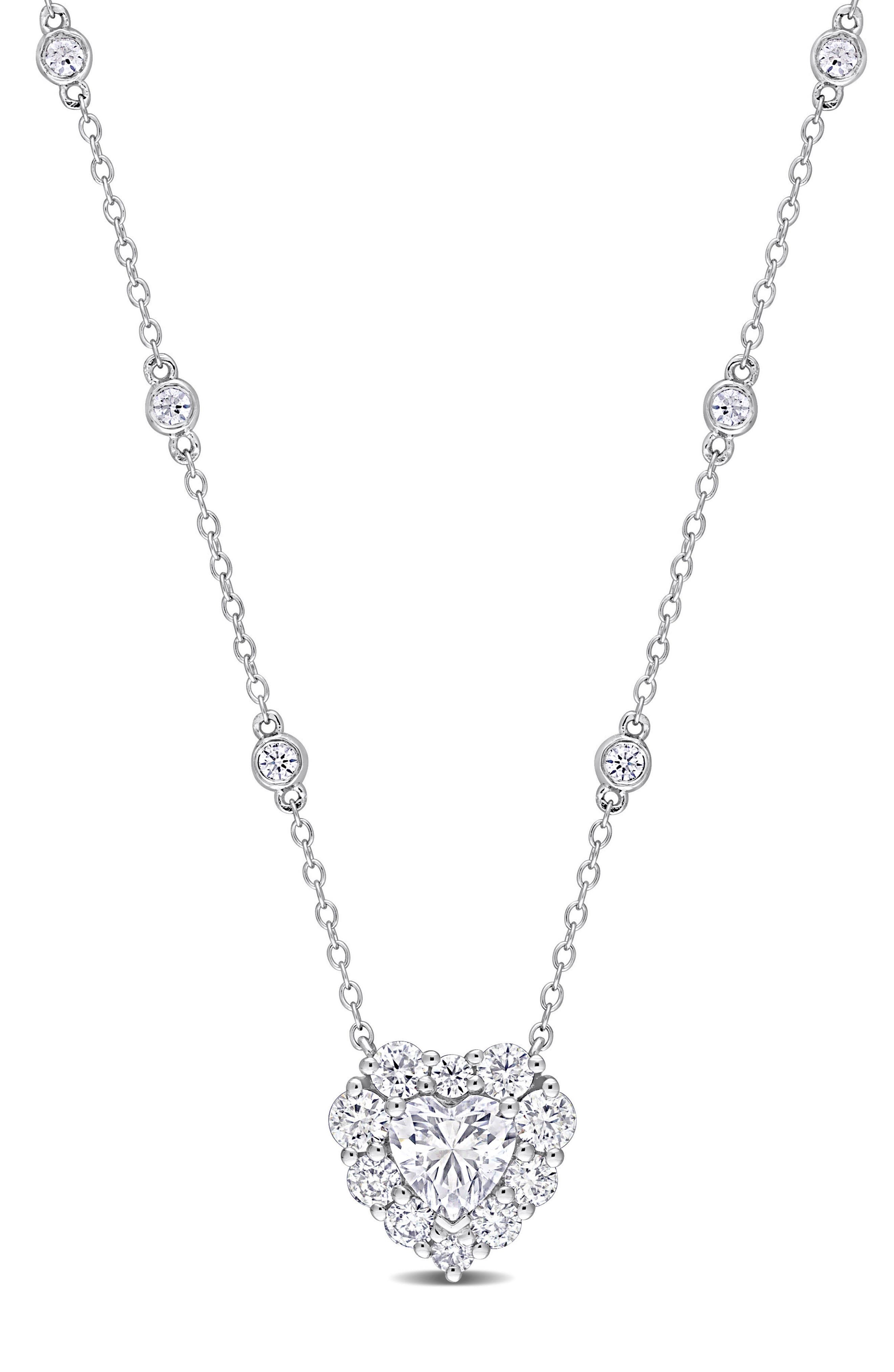 DELMAR Sterling Silver Lab Grown Moissanite Heart Halo Pendant Necklace