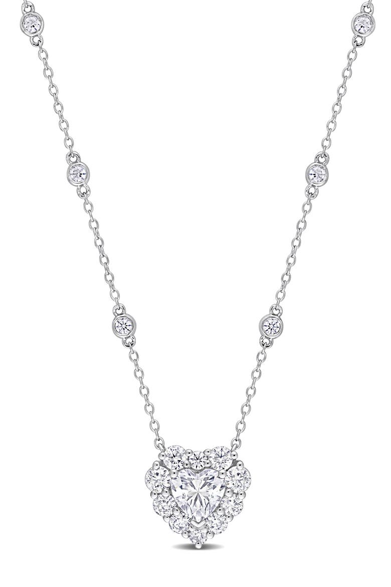 Sterling Silver Lab Grown Moissanite Heart Halo Pendant Necklace, Main, color, SILVER