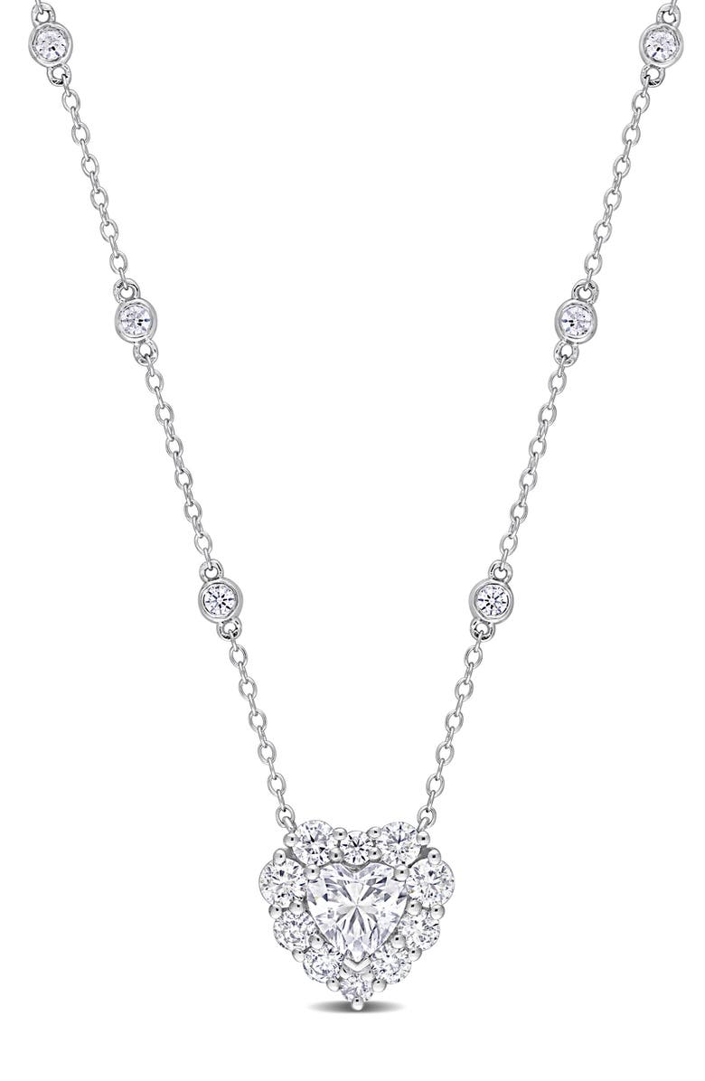 DELMAR Sterling Silver Lab Grown Moissanite Heart Halo Pendant Necklace, Main, color, Silver