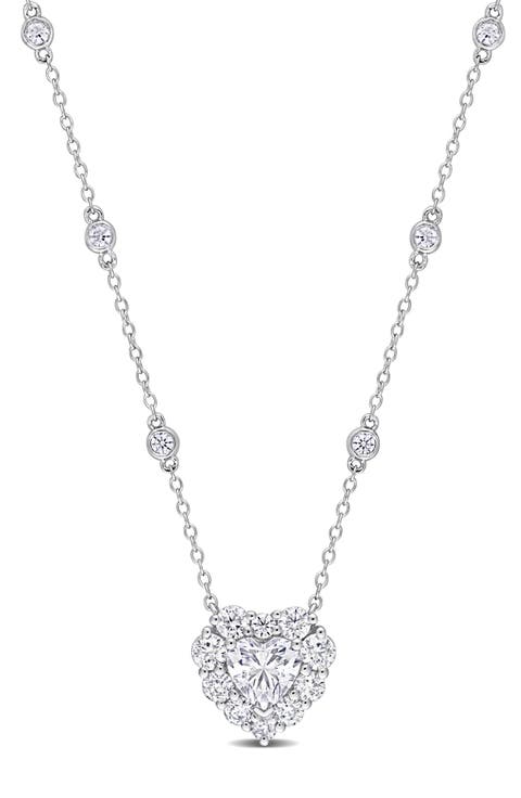 Sterling Silver Lab Grown Moissanite Heart Halo Pendant Necklace