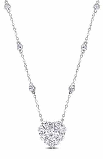 Sterling Silver Lab Grown Moissanite Heart Halo Pendant Necklace