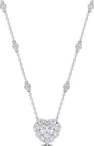 DELMAR Sterling Silver Lab Grown Moissanite Heart Halo Pendant Necklace