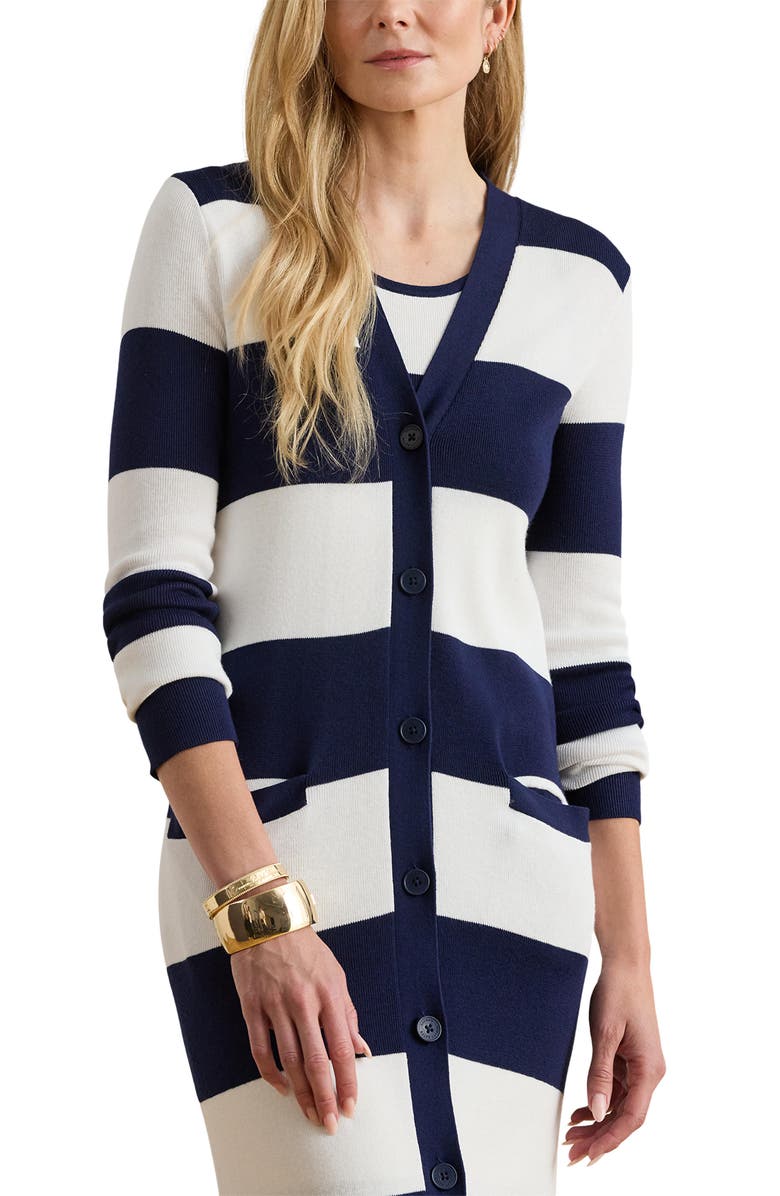Lauren Ralph Lauren Stripe Longline Cotton Blend Cardigan, Alternate, color, Refined Navy Blue/ White