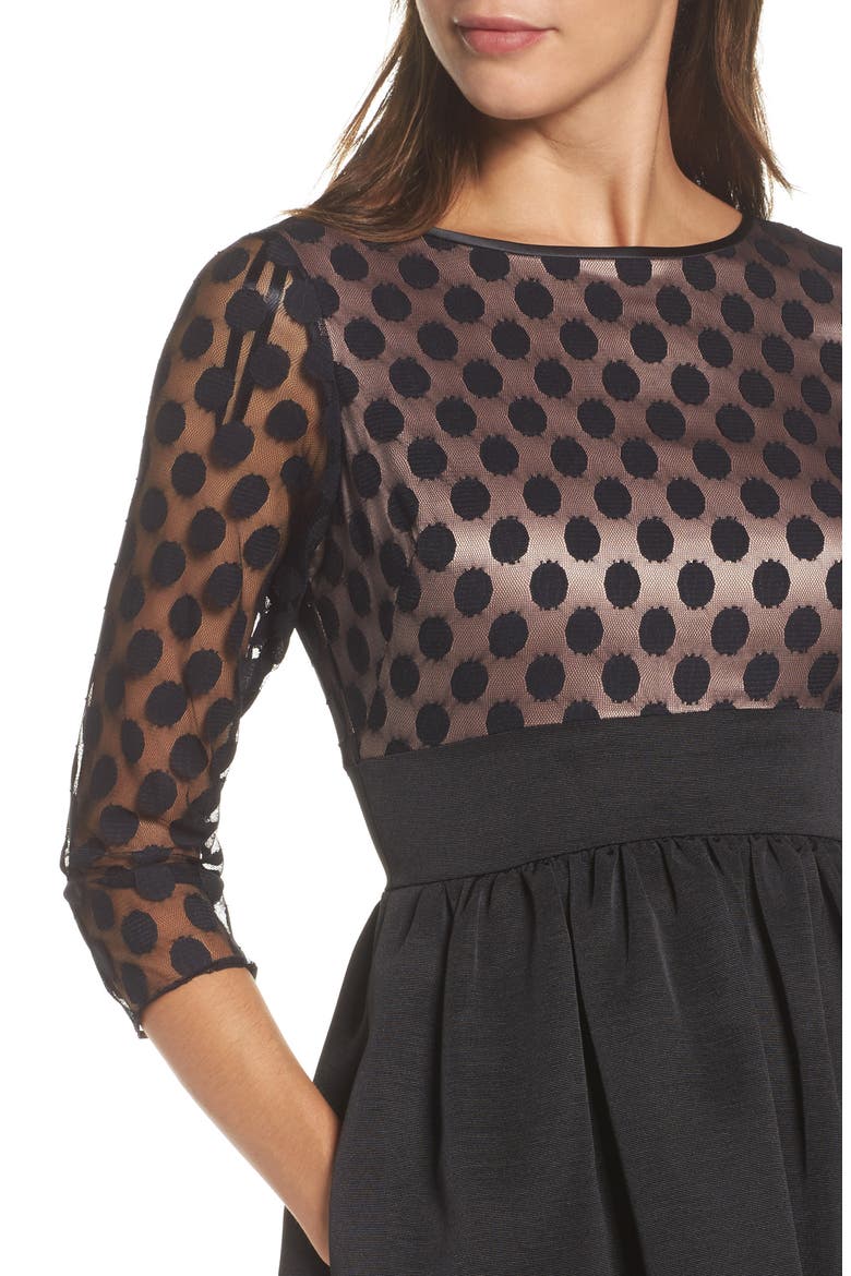 Dot Mesh Bodice Fit & Flare Dress, Alternate, color, BLACK