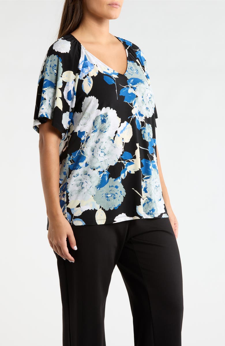 AK ANNE KLEIN Floral V-Neck Top, Alternate, color, Anne Black Multi