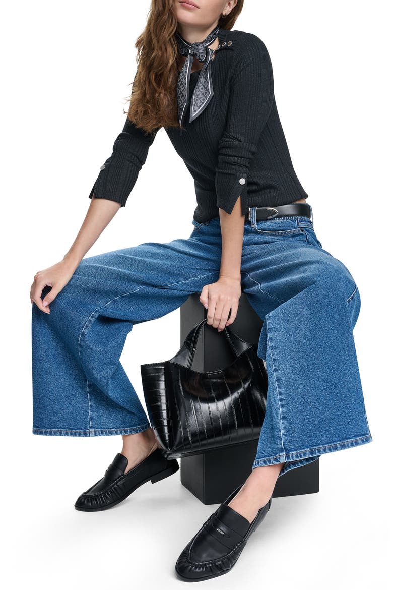 Ribbed Button Detail Sweater, Alternate, color, BLACK
