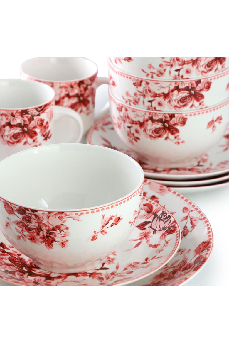 Traditional  Rose 16 Piece Stoneware Dinnerware Set, Alternate, color, Red