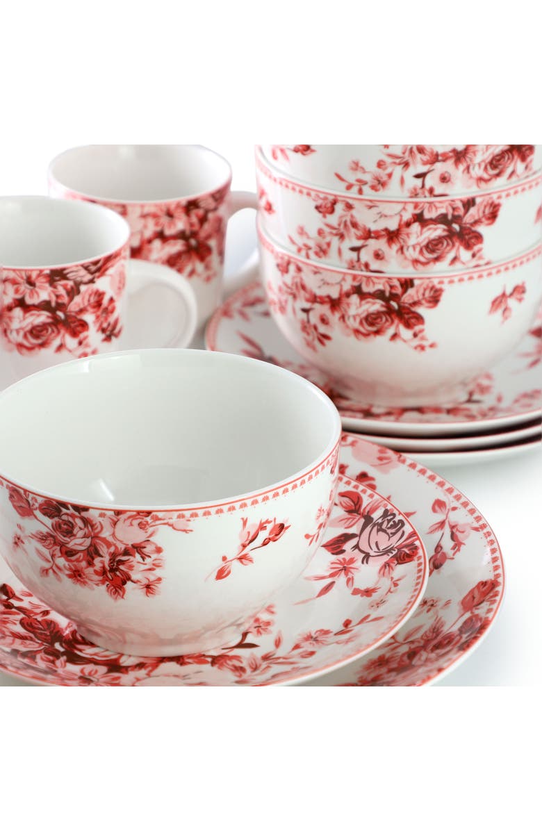 Elama Traditional Rose 16 Piece Stoneware Dinnerware Set, Alternate, color, Red