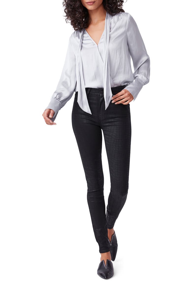 Saffron Tie Neck Wrap Front Bodysuit, Alternate, color, CLOUD GREY