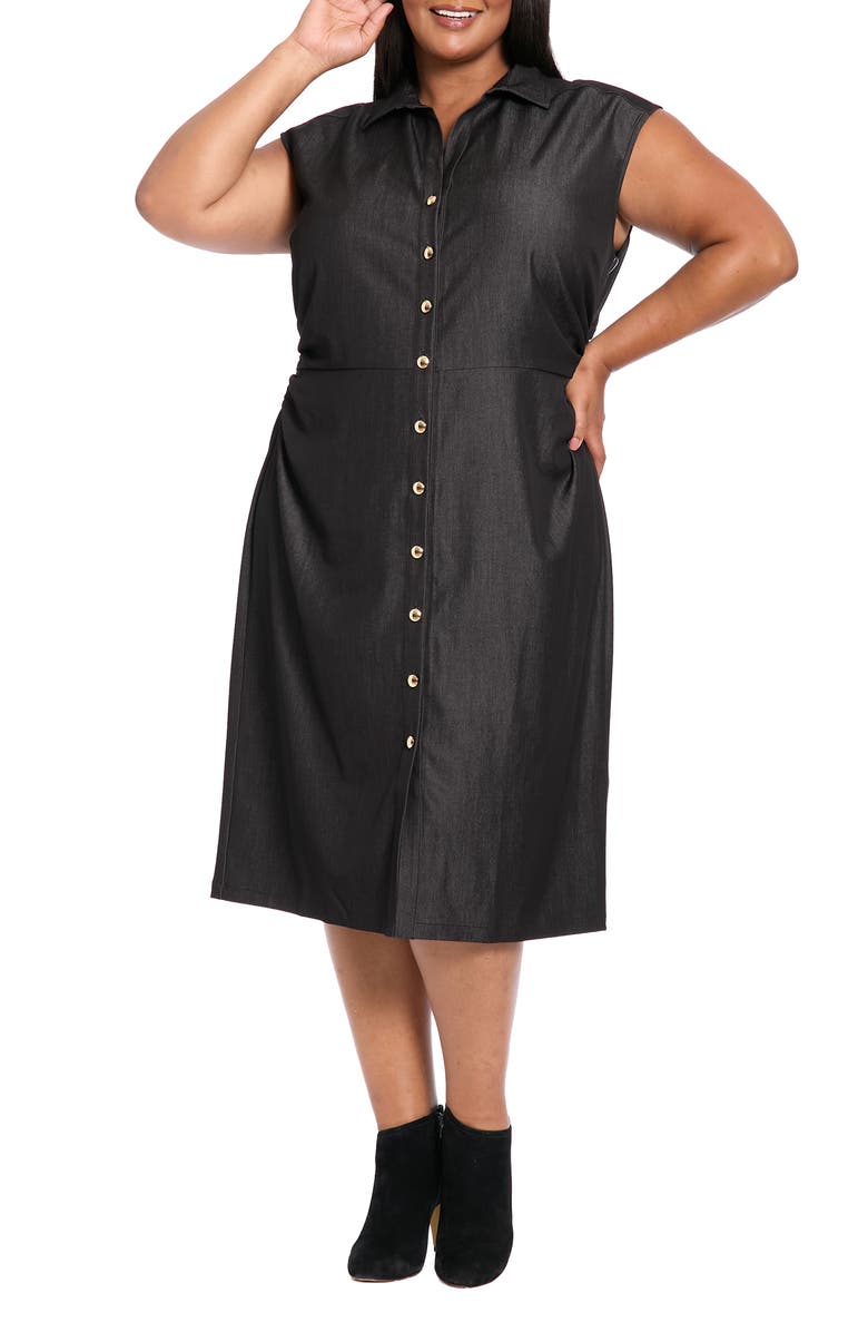 London Times Side Ruched Stretch Denim Midi Dress, Main, color, Black