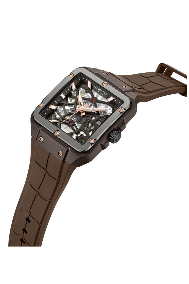 Automatic Silicone Strap Watch, 41.5mm, Alternate, color, BROWN