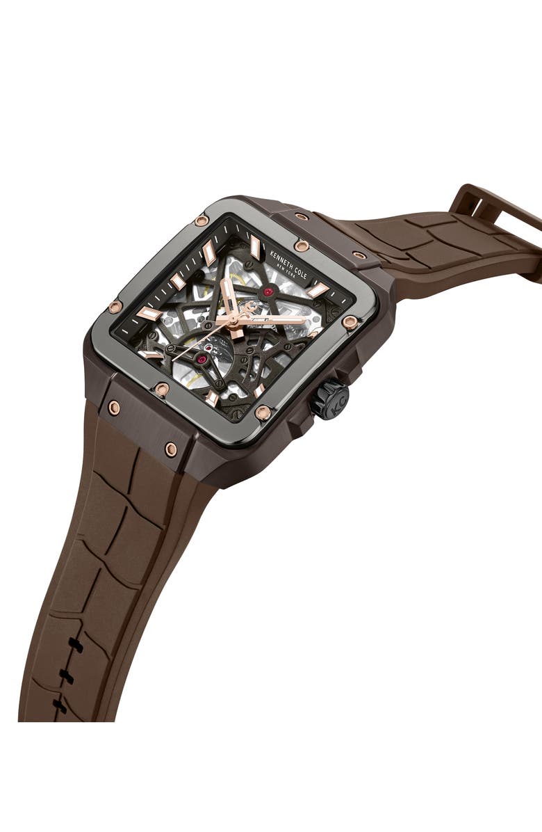 Kenneth Cole New York Automatic Silicone Strap Watch, 41.5mm, Alternate, color, Brown