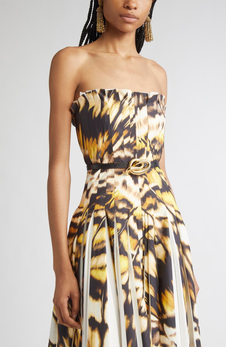 Oscar de la Renta Butterfly Print Pleated Strapless Stretch Poplin Fit & Flare Dress, Alternate, color, Black Multi