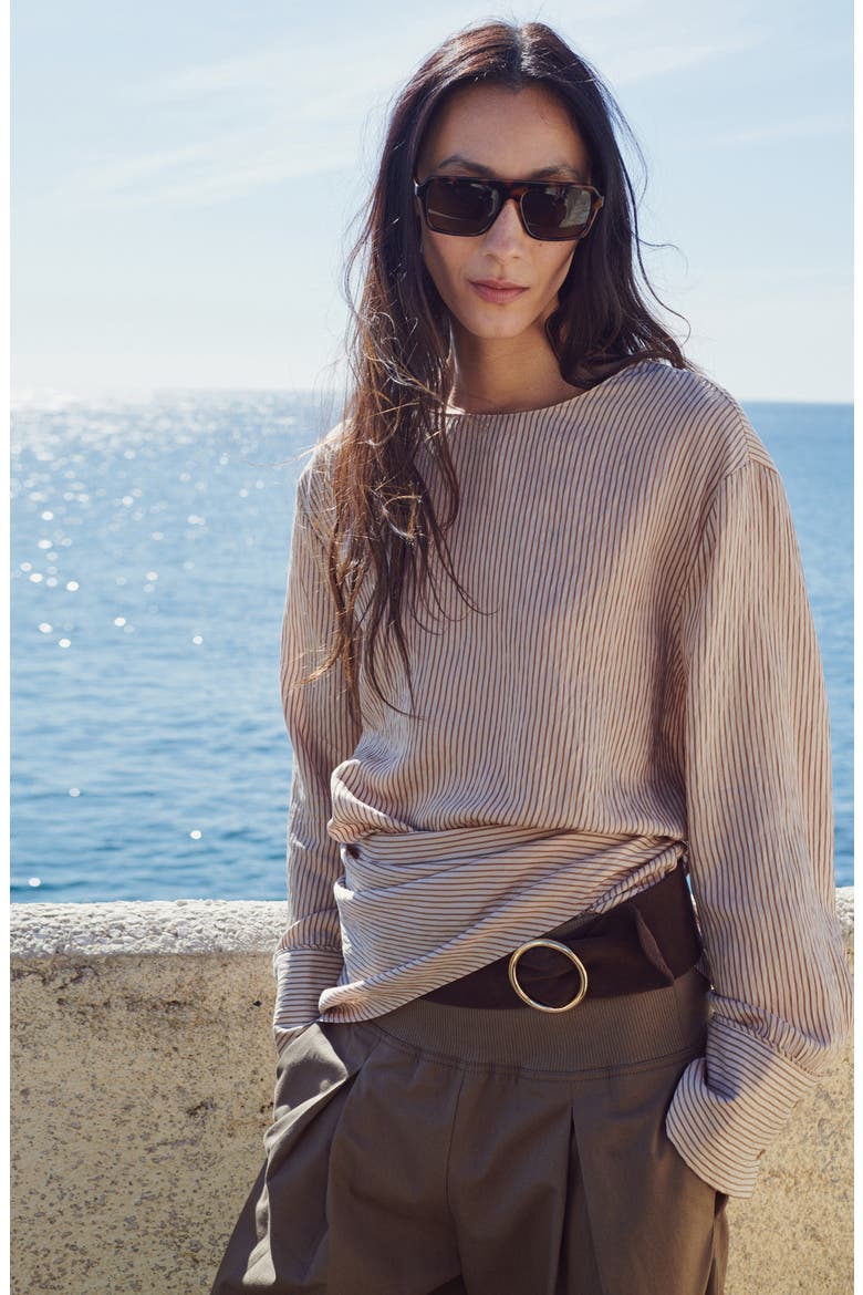 Stripe Knot Detail Asymmetric Top, Alternate, color, BROWN