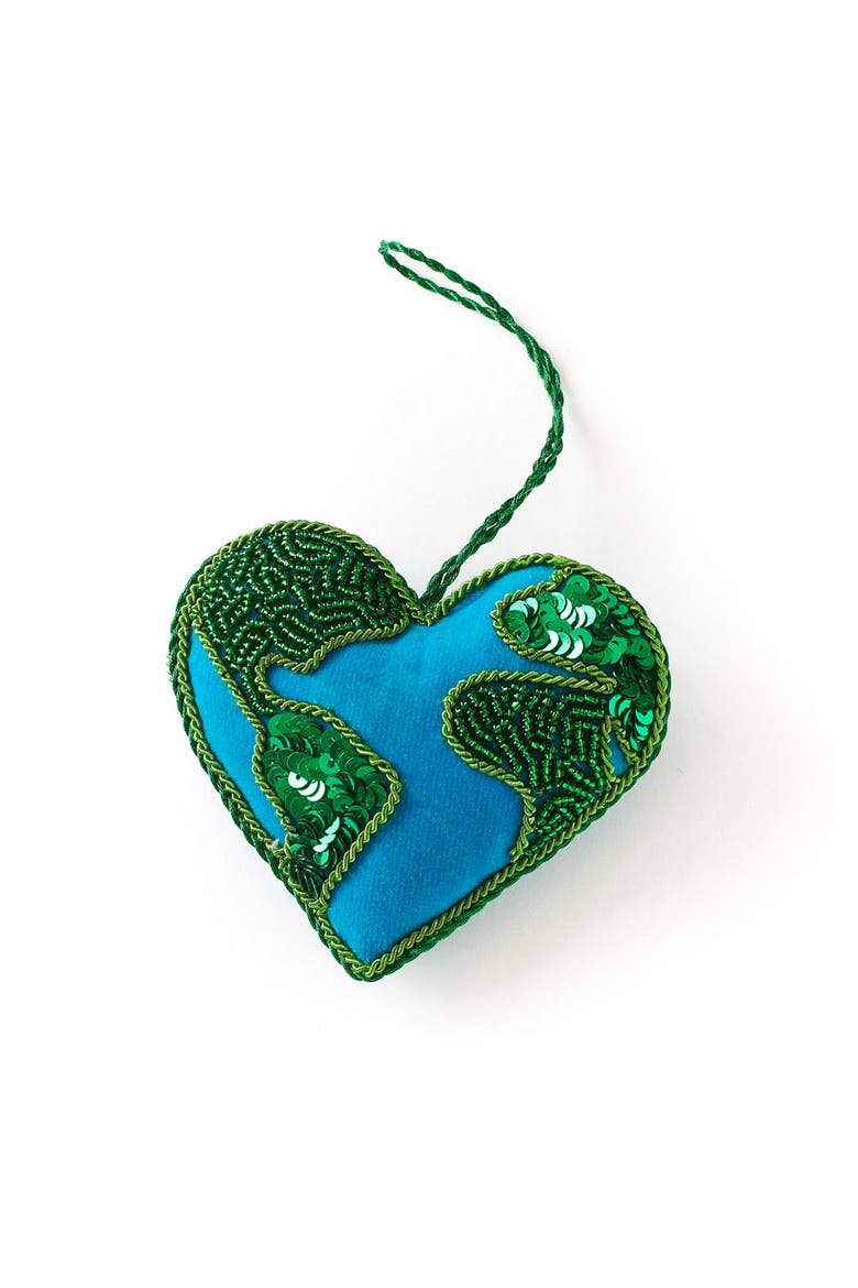 Larissa Plush Heart Earth Beaded Felt Ornament - Embroidered, Main, color, Blue