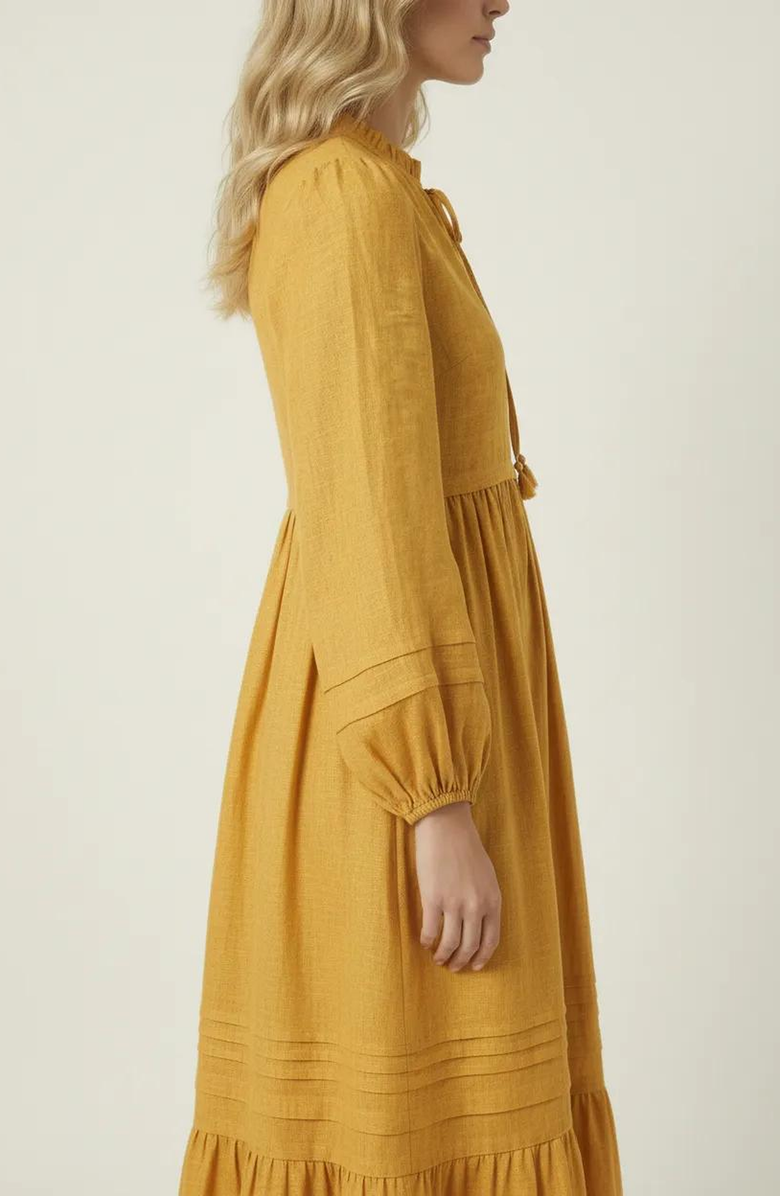 Modenaire Midi Shirred Neckline Tie Front Long Sleeve Tiered Hem Dress, Alternate, color, Mustard Yellow