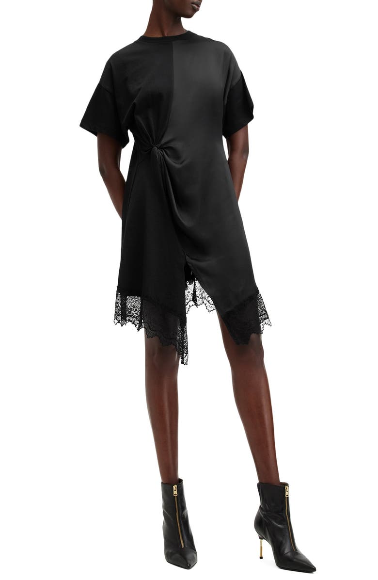 AllSaints Lana Mixed Media Lace Trim T-Shirt Minidress, Alternate, color, Black