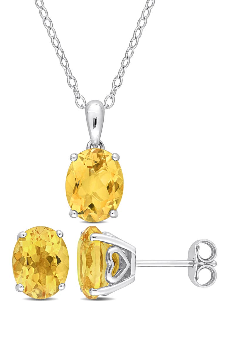 Oval Cut Citrine Pendant Necklace & Stud Earrings Set, Main, color, SILVER/ YELLOW