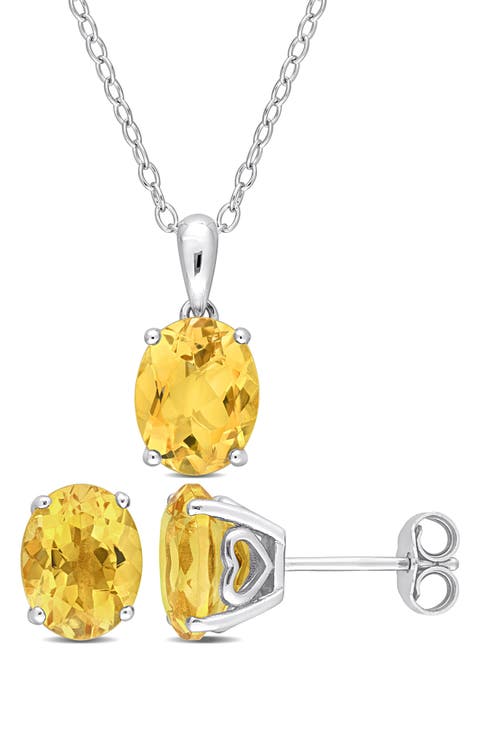 Oval Cut Citrine Pendant Necklace & Stud Earrings Set