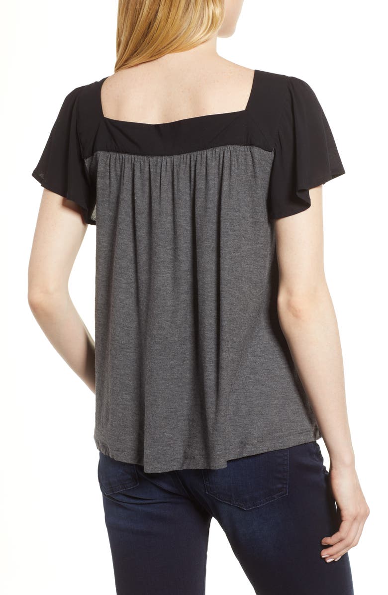 Vince Camuto Ruffle Sleeve Mix Media Cotton Blend Blouse, Alternate, color,