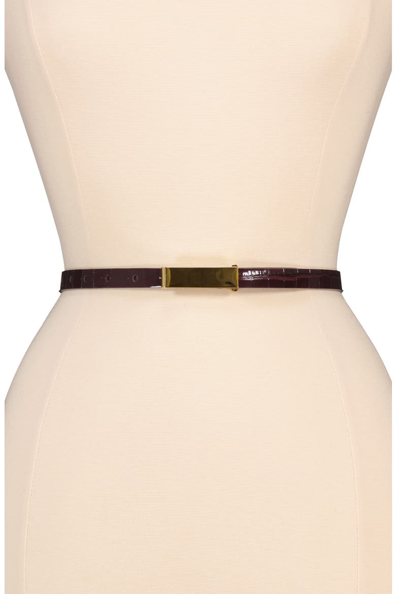Skinny Croc Embossed Leather Belt, Alternate, color, BLACK ROSE