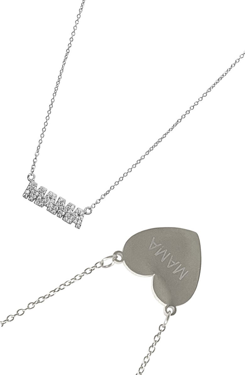 Adornia Set of 2 'Mama' Script & Heart Pendant Necklaces, Main, color, Silver