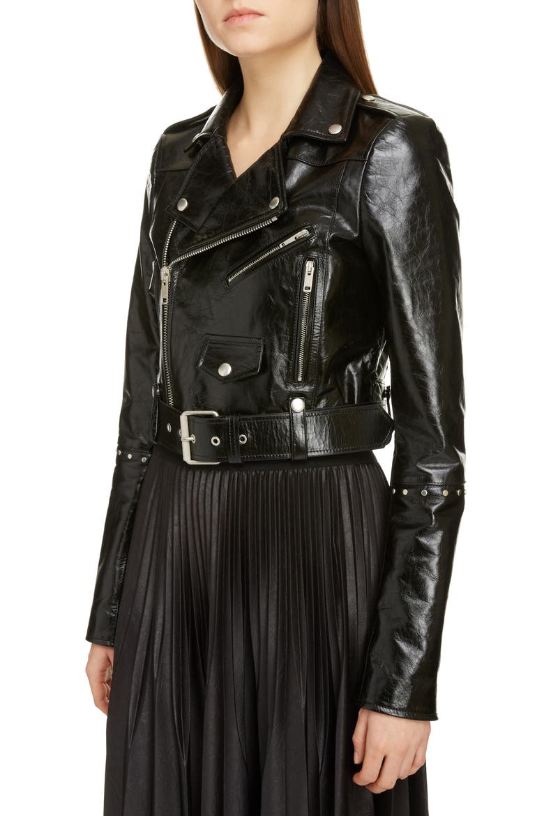 Studded Crop Leather Biker Jacket, Alternate, color, BLACK
