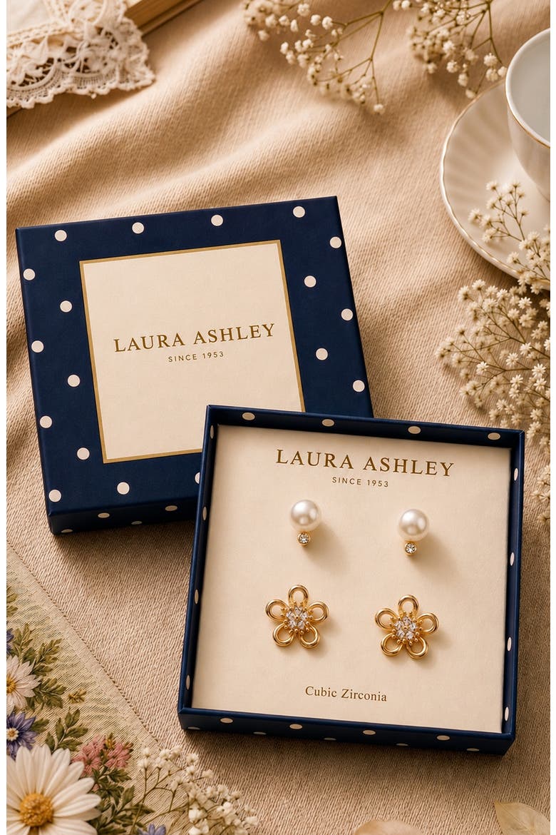 Set of 2 Flower Stud Earrings, Alternate, color, CLEAR/ GOLD