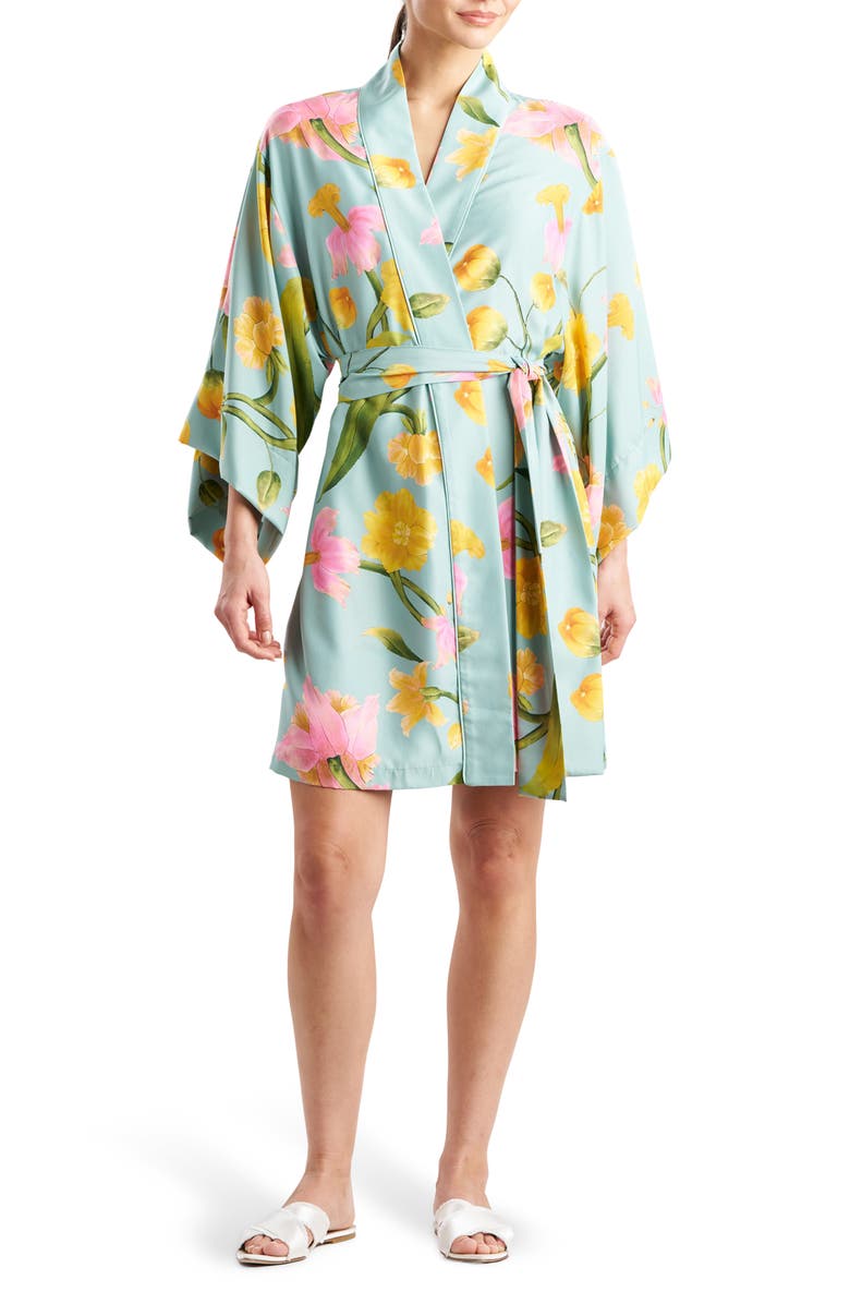 Natori Solene Matte Charmeuse Robe, Main, color, Teal Multi
