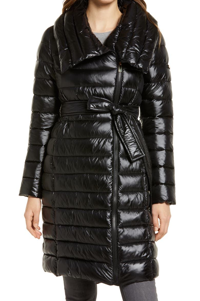 Water Repellent Belted Puffer Jacket, Main, color, BLACK