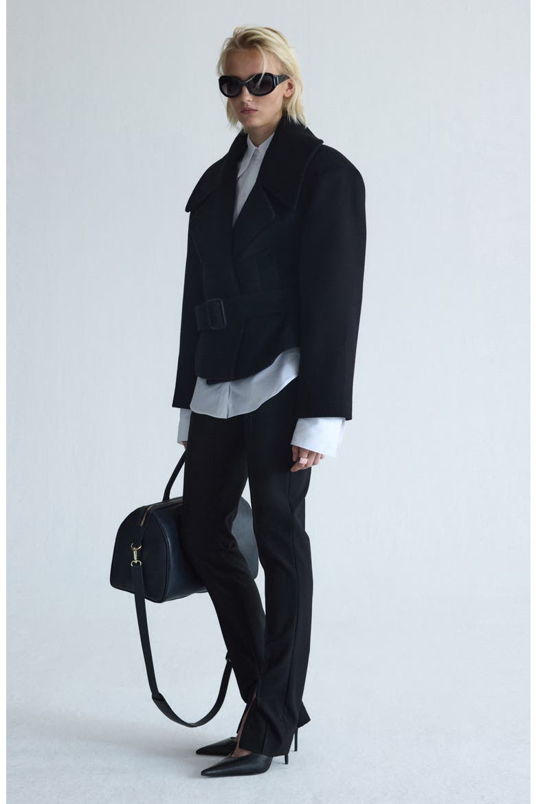 Oversized Virgin Wool Blend Belted Coat, Alternate, color, BLACK