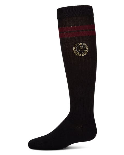 Rich Varsity Striped and Embroidered Crest Knee Socks