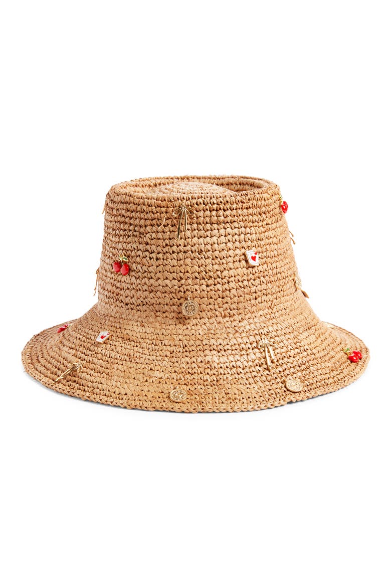 Charm Embellished Raffia Bucket Hat, Main, color, TAN