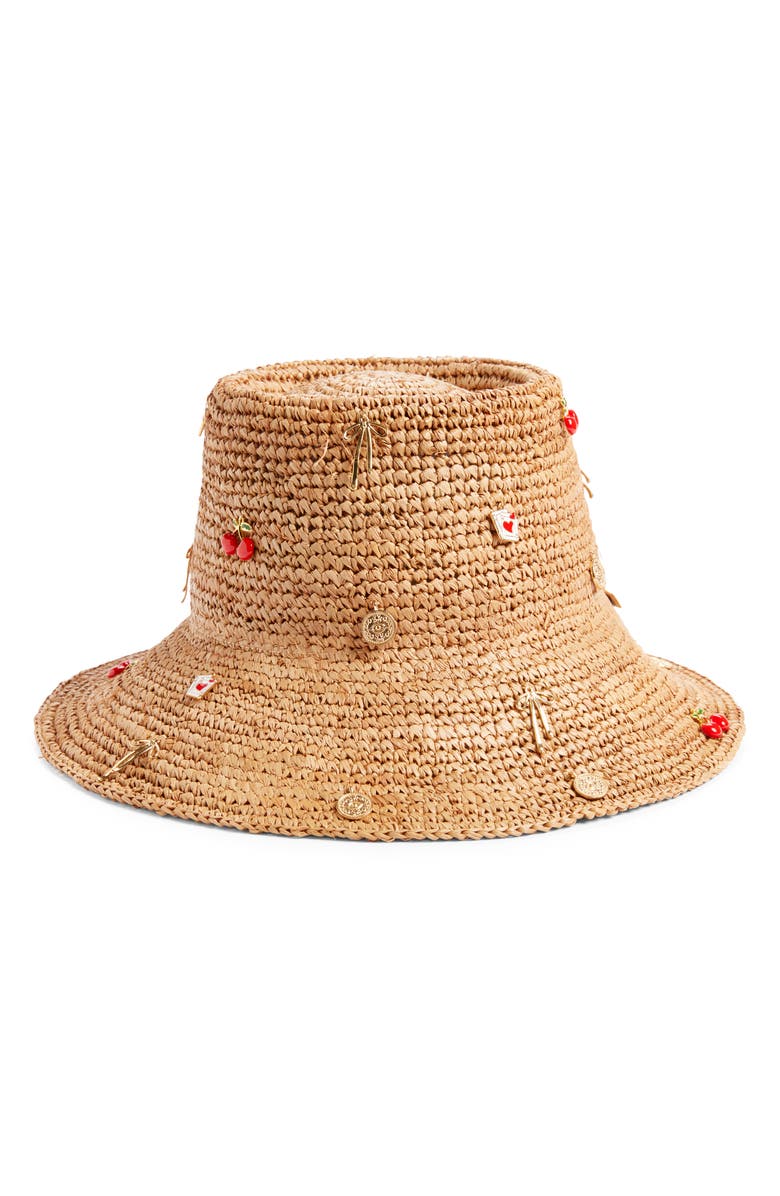 San Diego Hat Charm Embellished Raffia Bucket Hat, Main, color, Tan