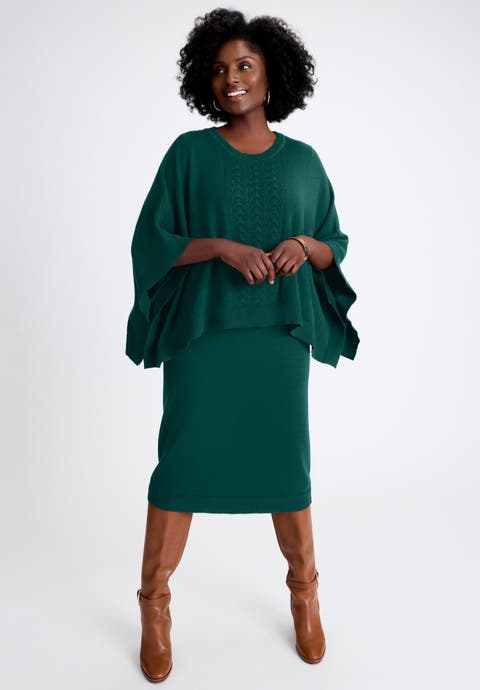 Cable Knit Cape Sweater Dress (Plus Available)