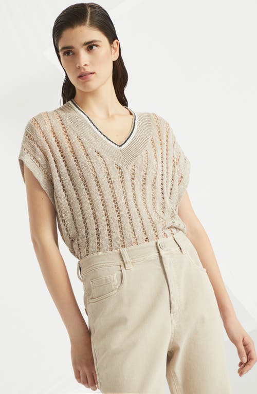 Brunello Cucinelli Women Dazzling Ribbed Net Knitted T-shirt In Linen In Cool Beige