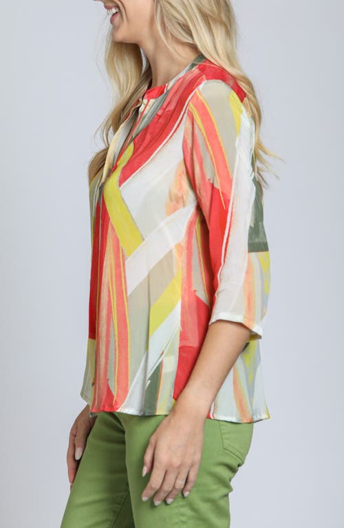 Apny Print Tassel Split Neck Chiffon Top In Orange/yellow Multi