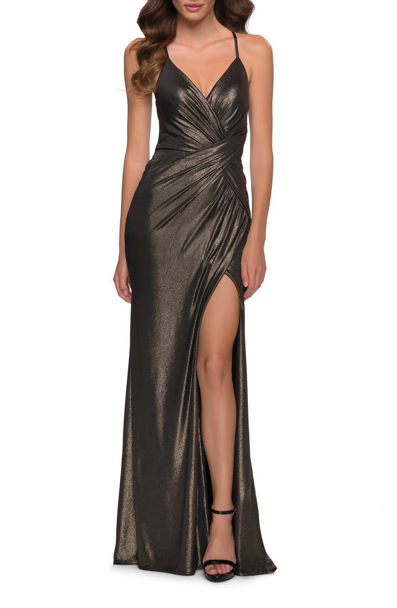 La Femme Criss Cross Ruched Metallic Prom Dress with Slit, Main, color, Black/Gold