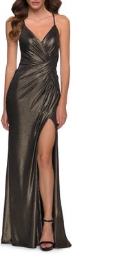 La Femme Criss Cross Ruched Metallic Prom Dress with Slit