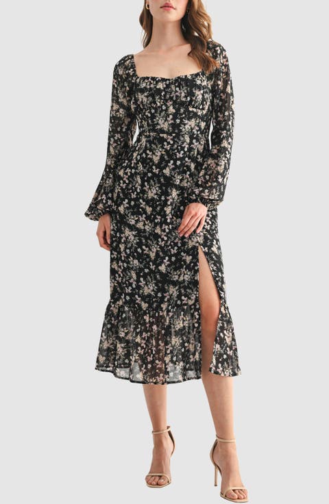Floral Long Sleeve Ruffle Hem Midi Dress