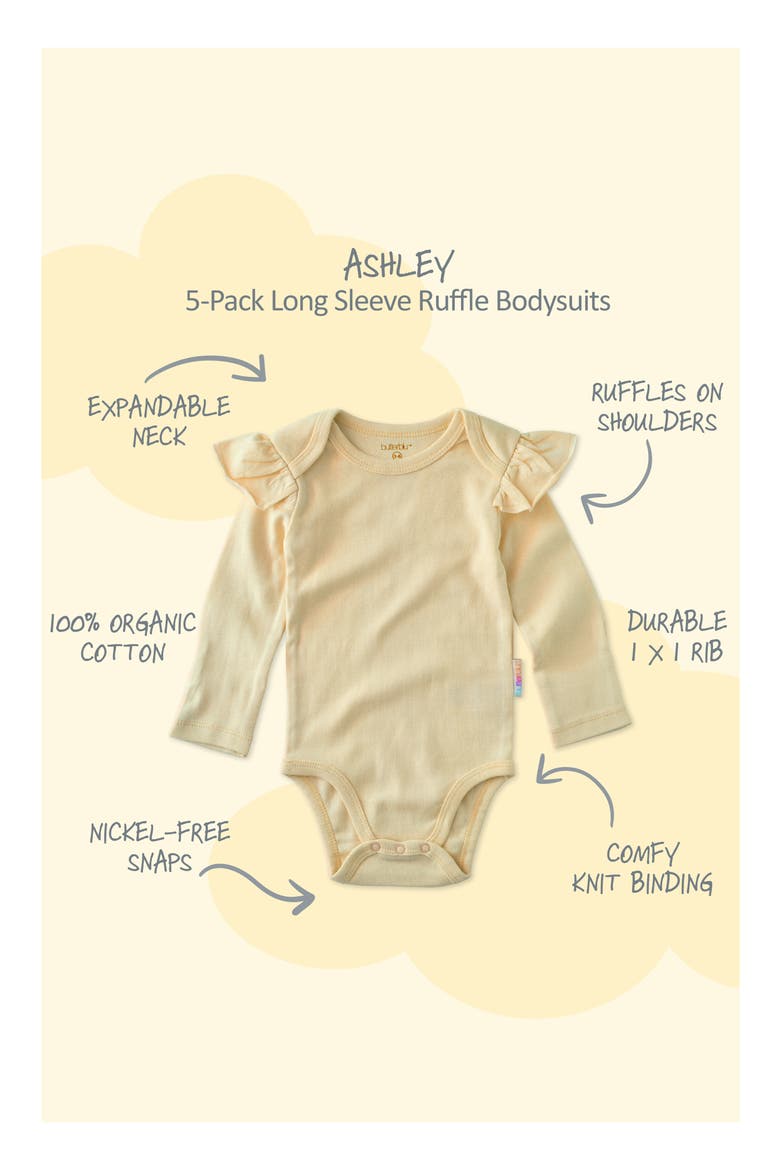 Ashley Ruffle Long Sleeve Organic Cotton Assorted 5-Pack Bodysuits, Alternate, color, HAZE